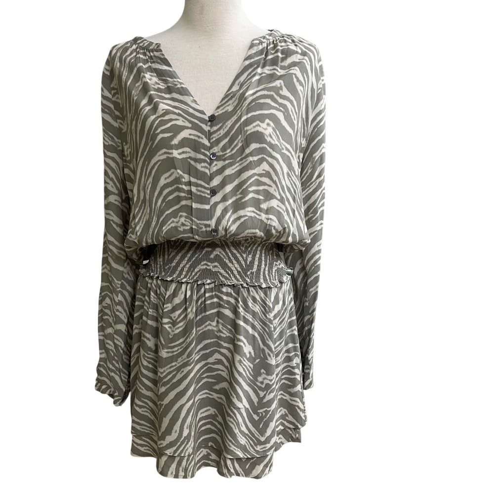 Rails Safari Wild Cat Jasmine DressSmocked Long‎ Sleeve V-Neck Mini Green XS EUC
